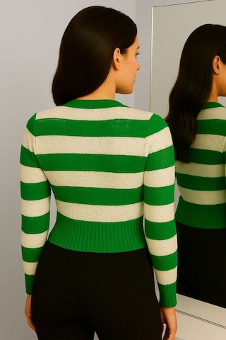 Hira Life Fashion Kadın Önü Düğmeli Ve Çift Renkli Çizgili Triko Hırka Yeşil Yeşil