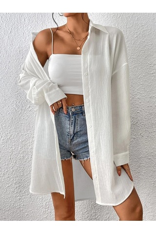 Kadın Oversize Uzun Gömlek - Beyaz Düz Uzun Gömlek Beyaz