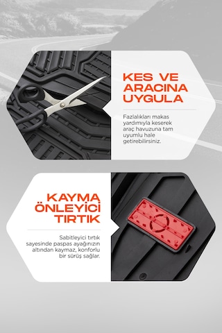 Siyah - Kırmızı Panda 4d Unıversal Oto Paspas Takımı Kaymaz, Şaft Tünelli, Derin Havuzlu