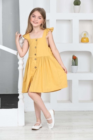 Kız Çocuk %100 Pamuk Keten Elbise 12197 Hardal