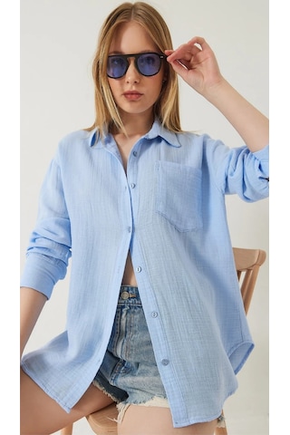 Kadın Oversize Basic Cepli Müslin Gömlek Mavi