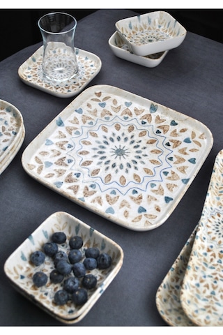 29 Parça Porselen Kare Kahvaltı Takımı Set Ephesus Çeyizlik Kahvaltılık Seti Krem