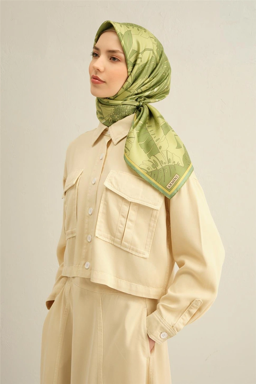 Armine Çiçek Desenli Saf İpek Sura Eşarp 9353d 56 Yeşil