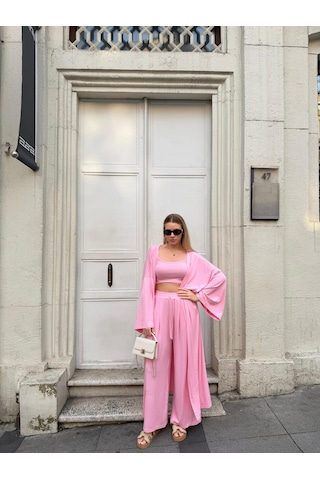 Bonacosa Kadın Viskon 3 Lü Takım Kimono + Beli Lastikli Salaş Pantolon + Crop 8 Renk Pembe