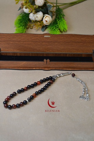 Akik Taşlı 33 Lü Erkek Tesbih Doğal Taş, Özel Ahşap Kutulu Çok Renkli