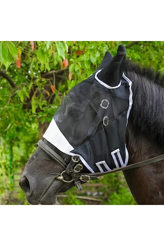 Elmpaly Siyah L Büyük At Sinek Maskesi, Delikli Kulaklıklı Konforlu File Ağızlik Atçılık Ekipmanları