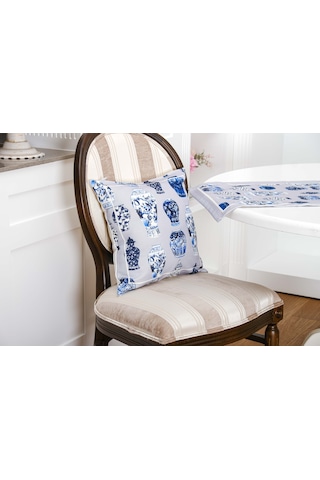 Finezza Vista Baskılı Kumaş Kreme Mavi Kırlent Kılıfı 45x45  İkili - 1429