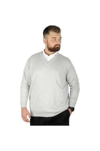 Mode Xl Büyük Beden Kazak V Yaka 22206 Gri 001