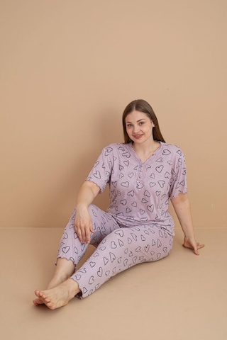 Pijamerry Kadın Büyük Beden Dantel Yaka Bambu Kısa Kol İnce Pijama Takımı 5901 - 1 Adet Lila