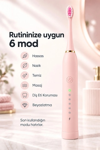 Exenar - Pembe - Şarjlı Elektrikli Diş Fırçası Dupont Yumuşak Kıllı 6 Mod 4 Yedek Başlıklı Ipx7 Su Geçirmez