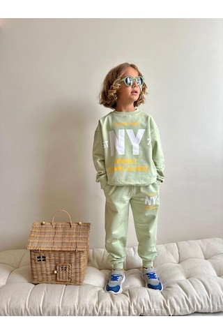 Jolly Kids Erkek Çocuk Mint Yazı Baskılı Sweatshirt Takım Mint Mint Yeşili