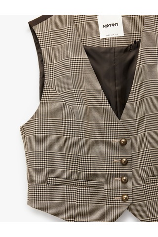 Koton Kruvaze Düğmeli Ekose Crop Blazer Yelek Kahverengi Ekose 6sak20062ew Kahverengi