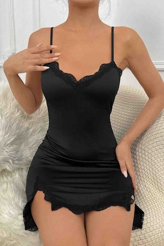 Merry See İki Taraf Yırtmaçlı Askılı Şık Gecelik Siyah