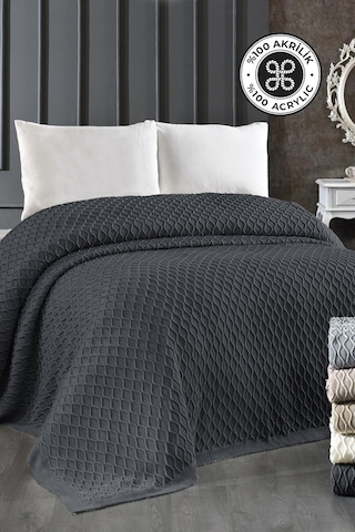 Akrilik Örgü Battaniye Çift Kişilik 220 X 240 Cm Yatak Örtüsü Pike Poly Antrasit