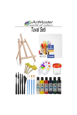 Tuval Seti 25x25 1 Paket Masaüstü Şövale Mydido Akrilik Boya Plastik Spatula Resim Fırçası Palet Ponpon Sünger Fırça