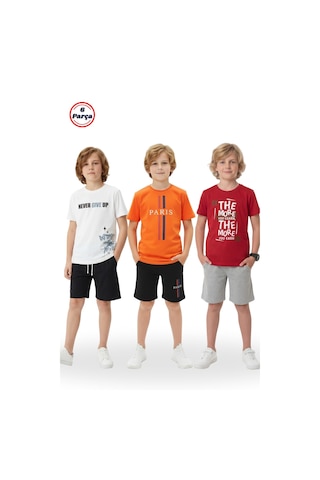 Fyk Kids 3'lü Yuvarlak Yaka Baskı Detaylı Erkek Çocuk 6 Parça Alt Üst Takım Beyaz-turuncu-kırmızı