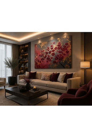 Lüks Bordo Çiçekler Ve Altın Dokulu Soyut Kanvas Tablo Premium Çerçevesiz Duvar Dekoru Salon, Oturma Odası, Ofis Ve Yatak Odası İçin Modern Dekoratif Tablo