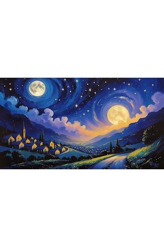 Doğa Ve Manzara Yatay Sessiz Bir Köyün Üzerinde Yıldızlı Gece Parlayan Ay 06 Çerçevesiz 90x60cm Pvc Tablo
