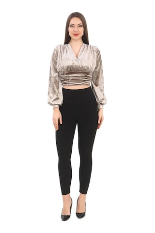 Lodmela Broş Detaylı Kadife Crop 6007-vizon Vizon