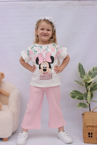 Kız Çocuk Minmause Desenli T-shirt -pamuklu Bermuda Fitilli Pantolon Alt Üst Takım Somon