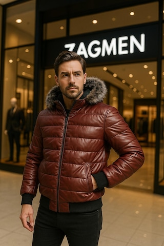 Zagmen Erkek Kürk Yaka Şişme Suni Deri Mont Bordo