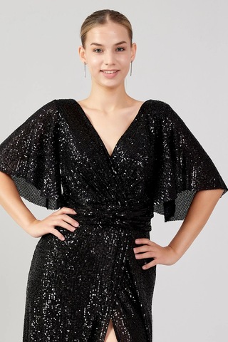 Doridorca Kadın Büyük Beden V Yaka Pul Payet Maxi Abiye Elbise 5041 Siyah Siyah