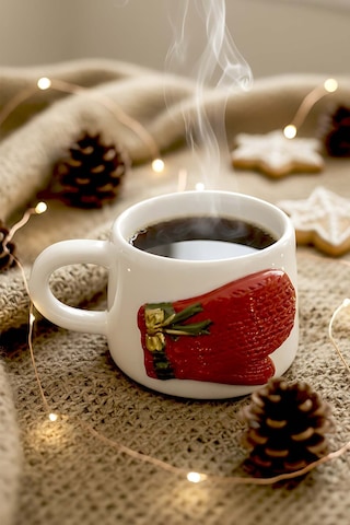 Rivaistanbul Eldiven Amore 24 K Altın Süslemeli El Yapımı Yılbaşı Hediyesi Seramik Double Kahve Fincanı, Mug, Kupa Beyaz