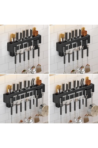 Sones Mutfak Duvara Monte Raf Delme Çubukları Tutucu, Renk:siyah 40cm