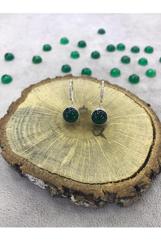 Yeşil Akik Taşlı Gümüş Küpe 925 Ayar Doğal Taş