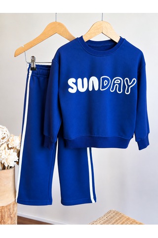 Elzo Collection Erkek Çocuk Sunday Üst Baskılı 3 İplik Kumaş Pamuklu Alt Üst Takım Lacivert - Beyaz