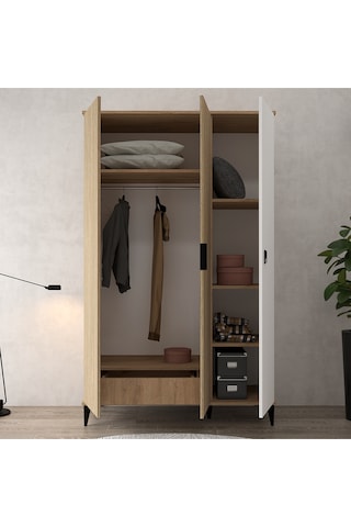 6304 Neva 3 Kapılı 200 Cm Gizli Çekmeceli Gardırop , Elbise Dolabı , Genç Odası Yunus - Beyaz