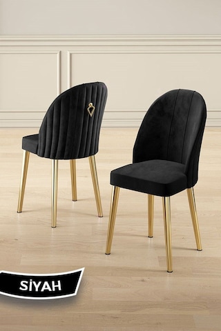 Canisa Pem Serisi 90x160 Lak Panel Antrasit İroni Gold Ayak Masa Takımı 6 Siyah Sandalye Siyah Mermer Desen Masa Sandalyeler Siyah