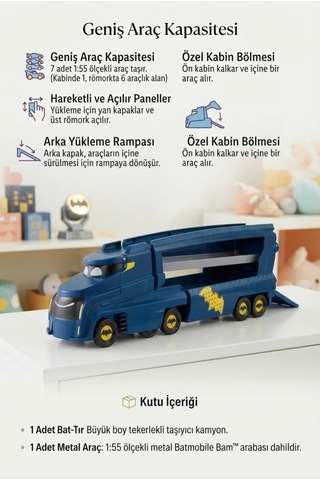 Batwhells Bat-büyük Özel Kabinli Açılır Bölmeli 7 Araç Kapasiteli Yükleme Rampalı Oyuncak Araç