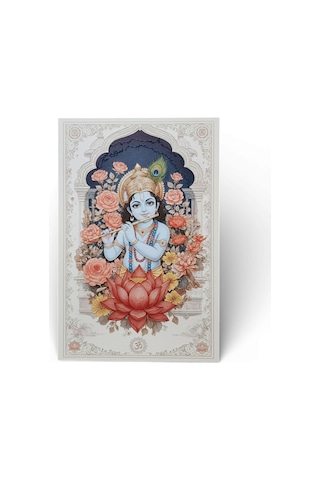 Krishna Ahşap Tablo - Hint Tanrısı & Yoga Sunak Dekoru - 16x24 Cm Özel Baskı Spiritüel Sanat