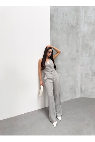 Toskana Çi Zgi Li Kruvaze Yaka Tek Düğmeli Yelek Pantolon Takim Gri