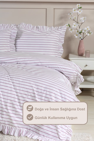 Elart Lara Nevresim Takımı Çift Kişilik Lastikli Çarşaf %100 Pamuk Ranforce Fırfırlı 200x220 Cm Gülkurusu Gülkurusu