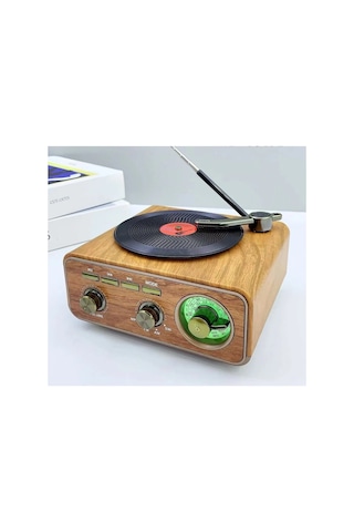 Nostaljik Tasarım Plak Çalar Görünümlü Radyolu Hoparlör Müzik Plak Kahverengi