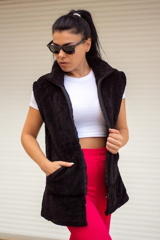 Kadın Siyah Peluş Welsoft Kalın Fermuarlı Hakim Yaka Yelek 23kylkmy10 001