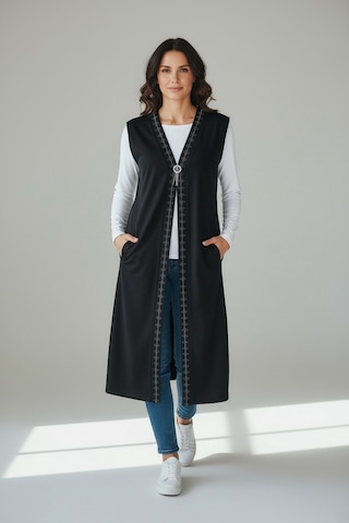 Ece Giyim Kadın Önü Broşlu Taşlı Cepli Uzun Penye Yelek Siyah