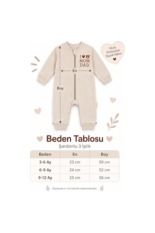 Beniizle Baskılı Unisex 3 İplik Şardonlu Fermuarlı Bebek Tulum Ekru