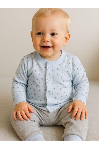 Zekids Erkek Çocuk Yıldız Desenli Pamuklu Yumuşak Dokulu Pijama Takımı-16045 Mavi