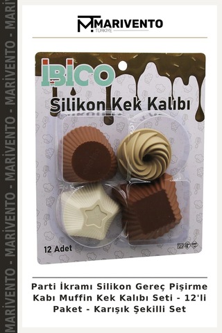 Parti İkramı Silikon Gereç Pişirme Kabı Muffin Kek Kalıbı Seti - 12'li Paket - Karışık Şekilli Set Çok Renkli