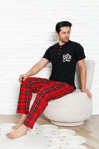 Enisena Erkek Pijama Takımı - Ekose Altlı-3 Düğmeli - %100 Pamuklu 12386 Siyah