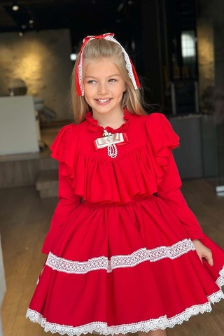 Riccotarz Kız Çocuk Göğsü Ve Yakası Fırfırlı Eteği Pliseli Dantel Şerit Detaylı Kırmızı Elbise Kırmızı