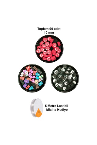 90 Adet 10 Mm Polimer Kil Fimo Boncuk Takı Bileklik + 5 Metre Misina Hediye - Ayıcık - Bayrak - Yin Yang