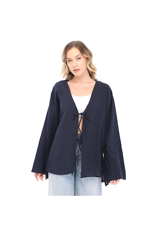 Blayn Jeans Blayn Kadın Keten Kimono Oversize Rahat Kalıp Yazlık Uzun Kollu Kimono Lacivert