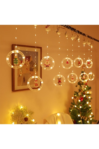 Shineyee Noel Santa Elma Kırmızı Led Perde Işıklı Süsü 3m Usb Sabit Aydınlatma Pencere Duvar Dekorasyonu