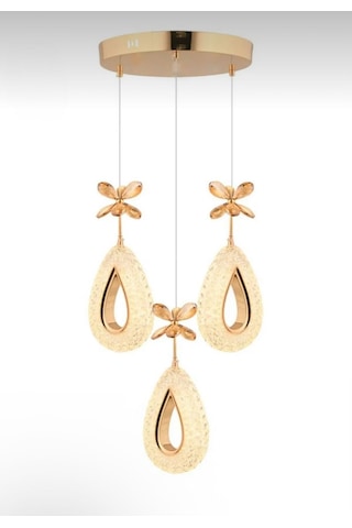 Damla Model 3'lü Gold 3 Renk Modu Ledli Kristal Taşlı Modern Salon Mutfak Oturma Odası Led Avize Gold