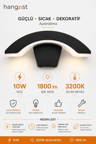 Led Yarım Ay Duvar Apliği 10w 1800 Lm 3200k Sıcak Beyaz Sensörsüz Modern Duvar Lambası Siyah