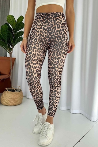 Mine Tan Butik Leopar Desen İçi Şardonlu Kadın Toparlayıcı Tayt - Bej Bej